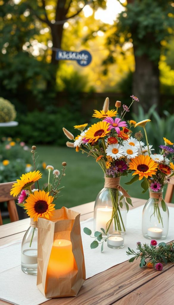 A beautifully crafted table decoration featuring paper bags repurposed as vases, filled with vibrant summer flowers like sunflowers, daisies, and wildflowers. The foreground showcases these charming paper bag vases with a rustic, natural texture, while soft candlelight inside the bags casts a warm glow, enhancing the inviting atmosphere. In the middle ground, a wooden table adorned with a light, patterned tablecloth complements the floral arrangement, with delicate greenery artistically placed around the vases. The backdrop features a lush garden with soft sunlight filtering through trees, creating a serene and cheerful summer party vibe. This image reflects an authentic DIY aesthetic, inspired by Pinterest, embodying warm, inviting colors. Brand logo "KlickKiste" subtly integrated within the scene. A beautifully crafted table decoration featuring paper bags repurposed as vases, filled with vibrant summer flowers like sunflowers, daisies, and wildflowers. The foreground showcases these charming paper bag vases with a rustic, natural texture, while soft candlelight inside the bags casts a warm glow, enhancing the inviting atmosphere. In the middle ground, a wooden table adorned with a light, patterned tablecloth complements the floral arrangement, with delicate greenery artistically placed around the vases. The backdrop features a lush garden with soft sunlight filtering through trees, creating a serene and cheerful summer party vibe. This image reflects an authentic DIY aesthetic, inspired by Pinterest, embodying warm, inviting colors. Brand logo "KlickKiste" subtly integrated within the scene.