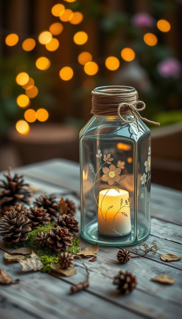 A beautifully crafted upcycled glass lantern, inspired by nature, is the focal point, positioned prominently in the foreground. This lantern features delicate floral designs etched into the glass, adorned with twine and small twigs, illustrating sustainable DIY decor. Surrounding it, a soft, natural setting includes scattered pinecones, moss, and dried leaves on a rustic wooden table that adds warmth and authenticity. In the background, a hint of a blurred garden scene with soft glowing fairy lights creates a cozy ambiance, enhancing the mood of upcycling and sustainability. Warm, inviting lighting bathes the scene, reminiscent of a Pinterest aesthetic, emphasizing earthy tones and textures. Capture this in a soft focus, using a shallow depth of field to highlight the lantern while maintaining an aesthetic, serene atmosphere. Include the brand name "KlickKiste" subtly within the scene.