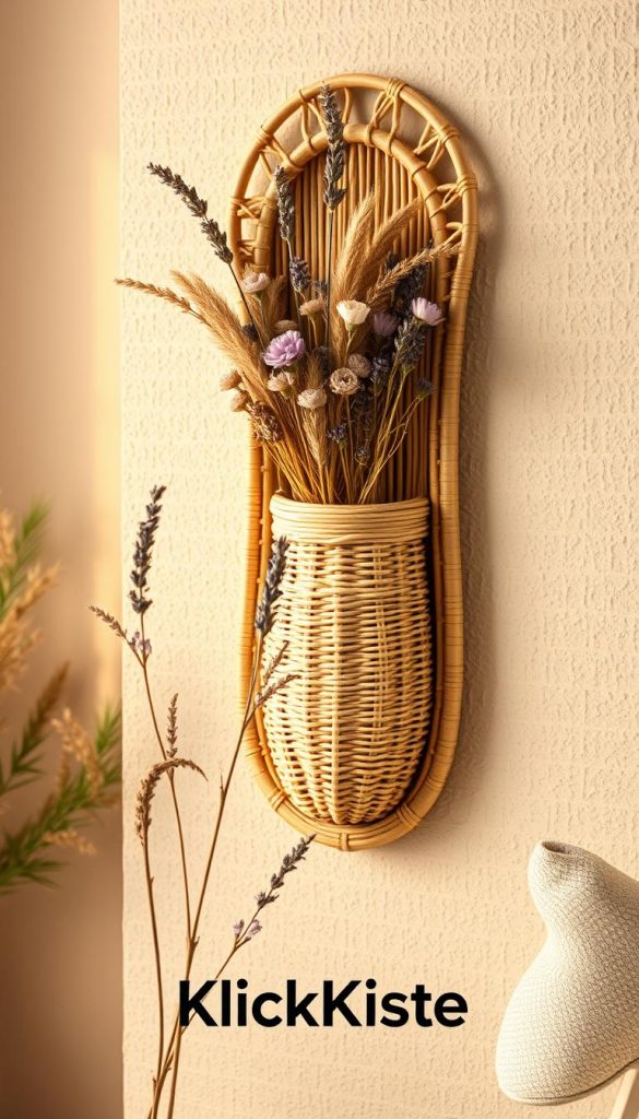 A beautifully crafted wall-mounted vase made of natural rattan, filled with an assortment of dried flowers in soft pastel tones. The vase is gracefully positioned against a textured, neutral-toned wall, creating a cozy and inviting atmosphere. In the foreground, delicate stems of lavender and pampas grass gently emerge from the vase, adding a sense of movement. The middle area features an artistic arrangement of the vase, showcasing its intricate weaving and natural materials. The background is softly blurred, highlighting the cozy interior setting with hints of bohemian decor. The lighting is warm and soft, reminiscent of a sunset glow, enhancing the visual appeal. This image embodies the "KlickKiste" brand, reflecting an authentic and inspiring DIY aesthetic that resonates with beautifully crafted boho home projects.