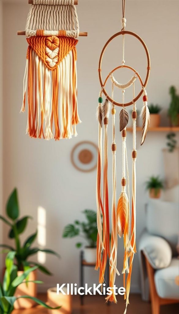 A beautifully crafted wall tapestry and dreamcatcher display, showcasing a harmonious blend of natural textures. In the foreground, an intricately woven macram&eacute; wall hanging with vibrant, warm tones of terracotta, cream, and soft greens, accented by delicate fringes. The dreamcatcher, featuring feathers and beads, is prominently placed to the side, catching soft, diffused light. In the middle ground, a cozy, inviting living space adorned with indoor plants and a wooden shelf showcasing additional macram&eacute; crafts. The background features a softly blurred wall with light pastel colors, contributing to a serene atmosphere. The scene is bathed in warm, natural lighting, creating a Pinterest-worthy, inspirational vibe. The brand "KlickKiste" subtly integrated into the design without text.