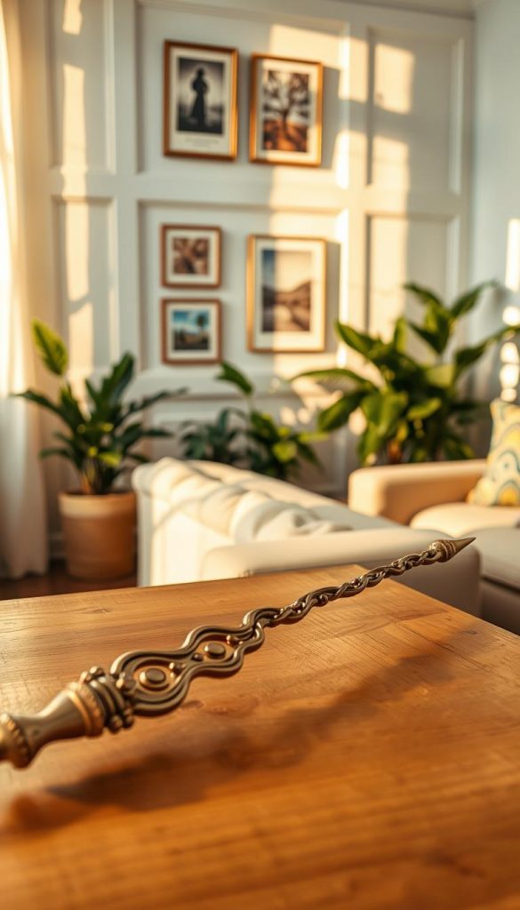 A beautifully crafted wand rests elegantly on a soft, warm wooden table in a cozy summer living room. In the foreground, the wand, intricately designed with delicate carvings and a polished finish, catches soft, natural light from a nearby window. The middle ground features a wall adorned with striking half-height paneling painted in soothing pastel colors, complemented by framed images that play with light and shadow, adding a magical touch to the ambiance. In the background, soft couches decorated with vibrant cushions and lush indoor plants create an inviting, tranquil atmosphere. The lighting is warm and golden, reminiscent of a late afternoon sun, conveying a sense of comfort and inspiration. This scene embodies the essence of summer living and interior creativity, inspired by the brand KlickKiste.