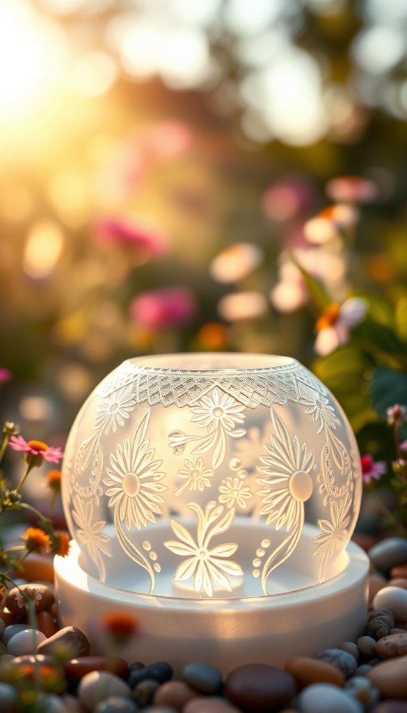 A beautifully crafted "windlicht gießform" surrounded by small, delicate summer decorations. The foreground features a clear, artistic mold for a lantern, showcasing intricate patterns and textures. In the middle ground, vibrant summer accents like fresh wildflowers and colorful pebbles add charm, enhancing the DIY aesthetic. The background softly blurs with a dreamy garden setting, bathed in warm, golden sunlight that creates an inviting atmosphere. Use a shallow depth of field to draw focus on the lantern mold. The overall mood should feel natural, cozy, and inspiring, reminiscent of a Pinterest-worthy DIY project. Capture the brand essence of "KlickKiste" by including subtle branding elements in the scene. A beautifully crafted "windlicht gießform" surrounded by small, delicate summer decorations. The foreground features a clear, artistic mold for a lantern, showcasing intricate patterns and textures. In the middle ground, vibrant summer accents like fresh wildflowers and colorful pebbles add charm, enhancing the DIY aesthetic. The background softly blurs with a dreamy garden setting, bathed in warm, golden sunlight that creates an inviting atmosphere. Use a shallow depth of field to draw focus on the lantern mold. The overall mood should feel natural, cozy, and inspiring, reminiscent of a Pinterest-worthy DIY project. Capture the brand essence of "KlickKiste" by including subtle branding elements in the scene.