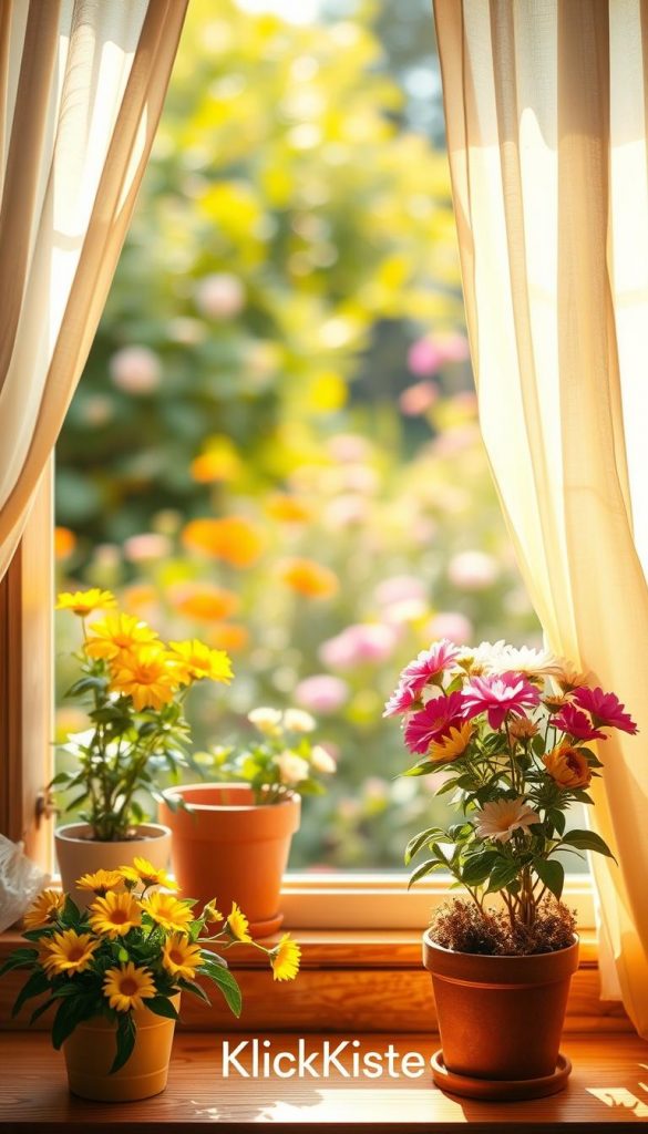 A beautifully crafted window, or "fenster," characteristic of a cozy spring setting, is the focal point of the image. The foreground features vibrant potted flowers in blooms of yellow, pink, and white, positioned on a wooden windowsill. In the middle ground, the window is framed with light, flowing curtains gently billowing with a soft breeze, allowing warm daylight to illuminate the scene. The background depicts a soft, blurred garden filled with greenery and splashes of colorful blossoms, suggesting a serene outdoor atmosphere. The lighting is warm and inviting, giving a Pinterest-inspired aesthetic. Capture an authentic and inspiring DIY feel, highlighting natural elements and simplicity. Include the brand name "KlickKiste" subtly within the composition.