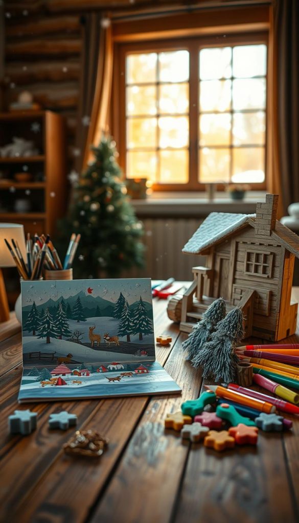 A beautifully crafted winter-themed homemade board game and puzzle set, displayed on a rustic wooden table. In the foreground, a colorful winter landscape puzzle featuring snowflakes, pine trees, and playful animals. Beside it, a carved wooden board game featuring a cozy cabin design, adorned with hand-painted pieces shaped like winter friends. The middle ground is filled with art supplies like paintbrushes, colorful markers, and felt, evoking a DIY creative atmosphere. In the background, a softly lit window showcases falling snowflakes outside, with warm golden light spilling into the room, creating an inviting and inspiring ambiance. The overall scene reflects the brand "KlickKiste" and embodies a creative, wholesome, and festive mood, perfect for family winter projects.