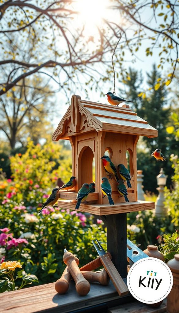 A beautifully crafted wooden bird feeder (vogelfutterautomat) made from natural timber, featuring intricate carvings and a rustic charm. In the foreground, colorful songbirds gather and perch on the feeder, bringing the scene to life. The middle ground showcases a lush garden with blooming flowers and greenery, harmonizing with the wooden structure. In the background, a serene blue sky filters warm sunlight through gentle tree branches, creating a peaceful atmosphere. The image emphasizes the DIY aspect with visible woodworking tools subtly arranged nearby. Capture this scene in soft, warm colors for an inviting and inspirational Pinterest-like aesthetic. This image represents "KlickKiste" beautifully, emphasizing the essence of eco-friendly wooden projects for birds.