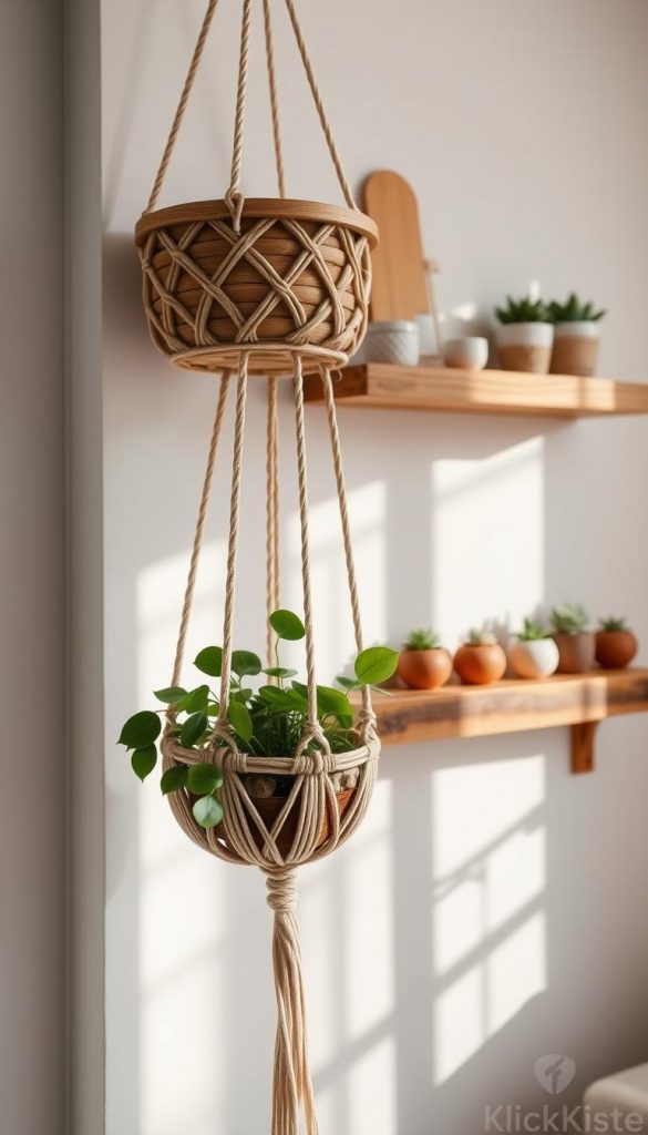 A beautifully crafted wooden hanging basket and wall shelf, elegantly designed for added storage in a cozy interior setting. In the foreground, showcase a intricate macram&eacute; plant holder made from natural fibers, gently cradling a vibrant green plant. The middle ground features a rustic wooden shelf adorned with small potted succulents and artisanal decor items, exuding warmth and authenticity. Soft, diffused sunlight filters through a window, creating inviting shadows and highlighting the textures of the wood and macram&eacute;. Styled in a minimalist yet Pinterest-inspired aesthetic, the atmosphere feels both inspiring and serene. The brand "KlickKiste" is subtly incorporated into the scene. Capture the essence of creativity and natural DIY charm with warm color tones.