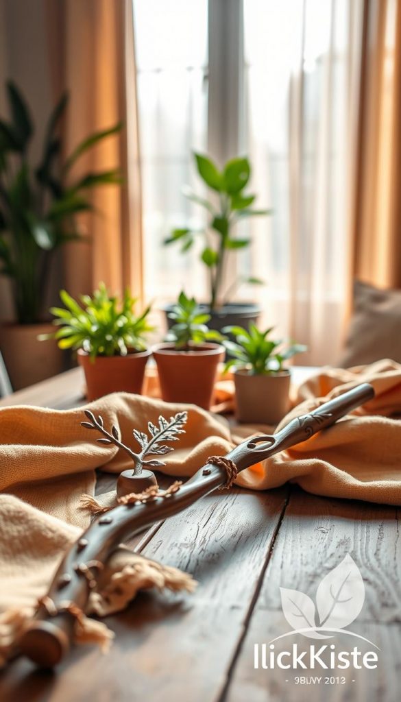A beautifully crafted wooden wand, featuring intricate carvings of natural motifs such as leaves and vines, rests elegantly on a rustic wooden table. The foreground is adorned with soft, natural fabrics in warm earth tones that complement the wand, creating a cozy atmosphere. In the middle, softly blurred potted plants add a touch of greenery, enhancing the natural DIY aesthetic. The background showcases a softly lit cozy room with a large window, allowing warm sunlight to filter through sheer curtains, casting gentle shadows. The overall mood is inviting and inspiring, with a Pinterest-worthy vibe that emphasizes creativity and warmth. The brand name "KlickKiste" is subtly incorporated in a small, tasteful logo in the corner of the image, blending seamlessly into the overall design.