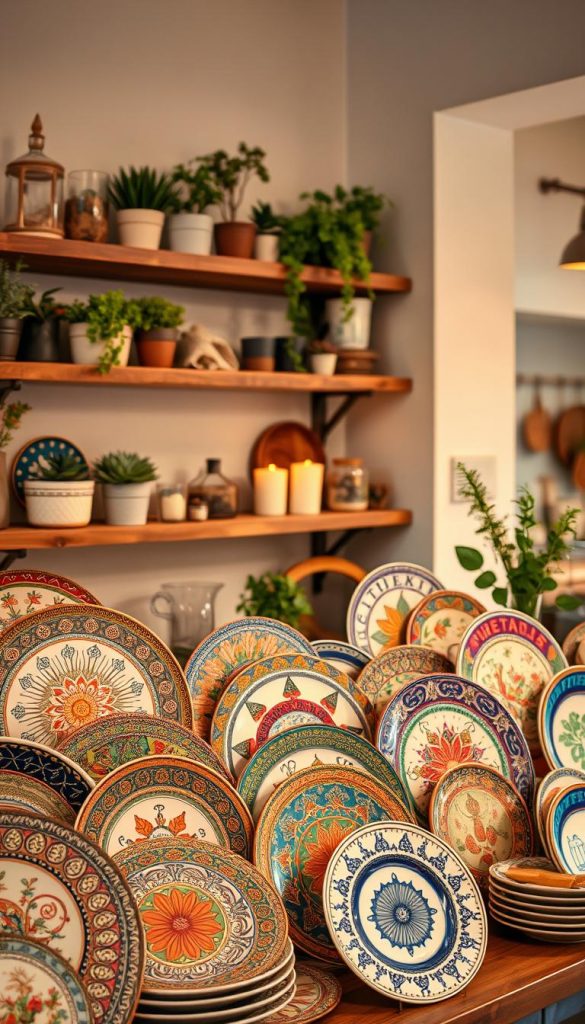 A beautifully curated display of a "teller wand dekor" featuring an assortment of artistic plates arranged in an eye-catching manner. In the foreground, the plates showcase intricate designs with vibrant colors and unique textures, reflecting a warm and inviting aesthetic. The middle ground includes rustic wooden shelves filled with potted plants, candles, and decorative items, enhancing the DIY natural look. Background elements include softly blurred kitchen walls painted in light, neutral tones, creating a cozy atmosphere. Warm, diffused lighting casts a gentle glow, evoking an inspirational and authentic mood. Capture this scene in a wide-angle view that highlights the layered composition. Include the brand name "KlickKiste" subtly incorporated into the decor, ensuring it remains visually harmonious. A beautifully curated display of a "teller wand dekor" featuring an assortment of artistic plates arranged in an eye-catching manner. In the foreground, the plates showcase intricate designs with vibrant colors and unique textures, reflecting a warm and inviting aesthetic. The middle ground includes rustic wooden shelves filled with potted plants, candles, and decorative items, enhancing the DIY natural look. Background elements include softly blurred kitchen walls painted in light, neutral tones, creating a cozy atmosphere. Warm, diffused lighting casts a gentle glow, evoking an inspirational and authentic mood. Capture this scene in a wide-angle view that highlights the layered composition. Include the brand name "KlickKiste" subtly incorporated into the decor, ensuring it remains visually harmonious.