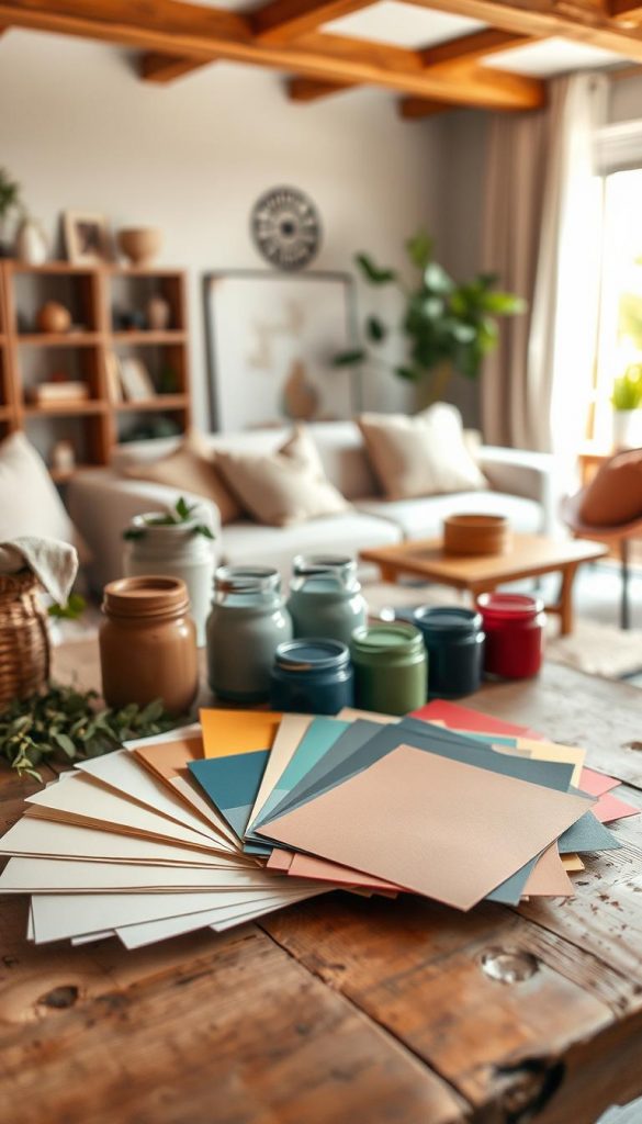 A beautifully curated display of color palettes featuring soft neutral tones, vibrant accents, and chic contrasting colors, arranged artistically on a rustic wooden table. In the foreground, paint swatches in pastel blues, warm beiges, and earthy greens blend harmoniously with bolder colors like deep navy and rich burgundy, showcasing a DIY project aesthetic. The middle ground features well-organized jars of paint in various hues, reflecting cozy, inviting vibes ideal for a bright living room setup. In the background, a soft-focus image of a stylish living room with natural light flooding in, highlighting cozy textures and wooden elements. The mood is warm and inspiring, evoking a sense of creativity and design inspiration. Captured with a shallow depth of field, emphasizing the color palettes by KlickKiste.
