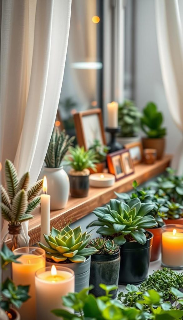 A beautifully curated "fensterbank" display, featuring a charming array of plants, candles, and decorative items that evoke a cozy and inviting atmosphere. In the foreground, vibrant green potted plants with various textures and shapes are harmoniously arranged next to elegantly shaped candles, their gentle glow reflecting warm colors. The middle ground showcases a stylish wooden window sill adorned with several decorative elements in a modern yet rustic style, such as artisanal pottery and small, framed pictures. In the background, softly blurred curtains allow natural light to flood the scene, creating a serene and inviting ambiance. The overall mood is warm and inspiring, perfect for a Pinterest aesthetic, ideal for highlighting the brand "KlickKiste." The image captures the essence of decorating a fensterbank across various spaces: living room, bedroom, kitchen, hallway, and balcony. A beautifully curated "fensterbank" display, featuring a charming array of plants, candles, and decorative items that evoke a cozy and inviting atmosphere. In the foreground, vibrant green potted plants with various textures and shapes are harmoniously arranged next to elegantly shaped candles, their gentle glow reflecting warm colors. The middle ground showcases a stylish wooden window sill adorned with several decorative elements in a modern yet rustic style, such as artisanal pottery and small, framed pictures. In the background, softly blurred curtains allow natural light to flood the scene, creating a serene and inviting ambiance. The overall mood is warm and inspiring, perfect for a Pinterest aesthetic, ideal for highlighting the brand "KlickKiste." The image captures the essence of decorating a fensterbank across various spaces: living room, bedroom, kitchen, hallway, and balcony.