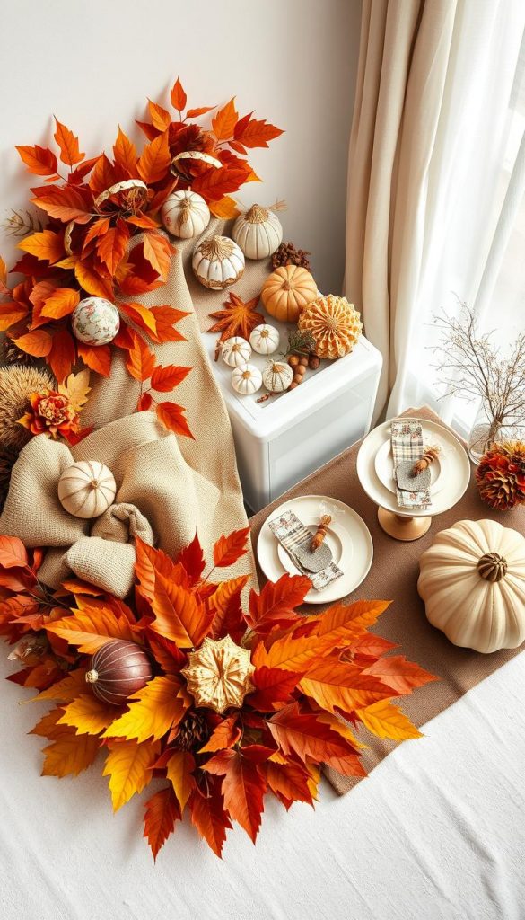 A beautifully curated flat lay of autumn decor, showcasing various patterns and styles that blend harmoniously. In the foreground, vibrant leaves, textured fabrics, and handcrafted ornaments with warm earthy colors are arranged artfully. The middle section features a variety of contrasting patterns, like plaid and floral, displayed on elegant table settings, capturing a balance of proportion and style. In the background, soft, natural light filters through a window, creating a cozy atmosphere that enhances the autumn theme. The scene embodies a Pinterest-inspired aesthetic with a DIY feel, inviting and authentically inspiring. Include subtle hints of the brand name "KlickKiste" in the decor elements, ensuring an emphasis on natural beauty and seasonal balance rather than chaos. A beautifully curated flat lay of autumn decor, showcasing various patterns and styles that blend harmoniously. In the foreground, vibrant leaves, textured fabrics, and handcrafted ornaments with warm earthy colors are arranged artfully. The middle section features a variety of contrasting patterns, like plaid and floral, displayed on elegant table settings, capturing a balance of proportion and style. In the background, soft, natural light filters through a window, creating a cozy atmosphere that enhances the autumn theme. The scene embodies a Pinterest-inspired aesthetic with a DIY feel, inviting and authentically inspiring. Include subtle hints of the brand name "KlickKiste" in the decor elements, ensuring an emphasis on natural beauty and seasonal balance rather than chaos.
