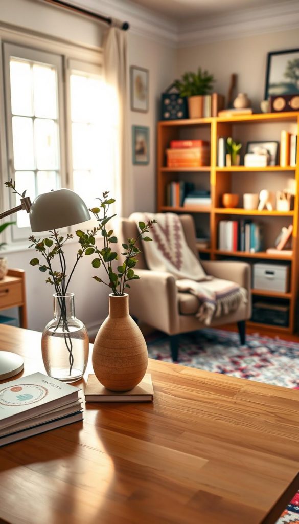 A beautifully curated home office setting reflecting a harmonious blend of styles, featuring a wooden desk adorned with minimalist decor and a stylish lamp. In the foreground, a handcrafted vase filled with fresh greenery and a stack of aesthetically pleasing notebooks. In the middle, a cozy armchair draped with a soft throw, complemented by a vibrant rug beneath. The background showcases a well-organized bookshelf filled with books and decorative items, bathed in warm, natural light filtering through a window, creating a calm atmosphere. A soft focus lens captures the scene with subtle depth, evoking an inviting and inspirational workspace. This arrangement draws on the DIY aesthetic, with warm colors and a Pinterest-inspired look. Brand: KlickKiste.