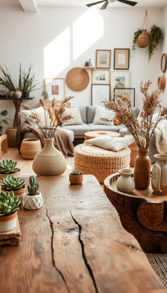 A beautifully curated interior space showcasing the "Stil-Guides: Modern, Natürlich, Boho, Skandi" style. In the foreground, a handcrafted wooden table is adorned with various natural materials like woven baskets, potted succulents, and rustic ceramic vases filled with dried flowers. The middle ground features a cozy seating area with minimalist Scandinavian furniture, layered with soft, textured fabrics in earthy tones. A natural light source floods the space, enhancing the warm color palette and creating soft shadows that evoke a serene atmosphere. In the background, a softly styled wall with organic art pieces and greenery sets a tranquil vibe. The entire composition exudes a Pinterest-inspired, authentic feel, designed to inspire DIY decor enthusiasts. This image is brought to life by "KlickKiste".