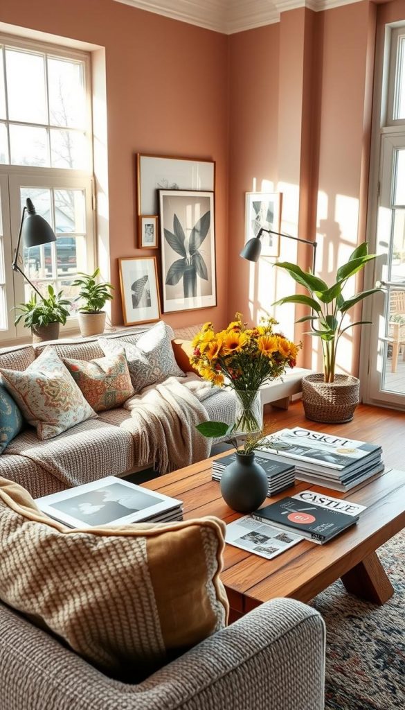 A beautifully curated living room combining Scandinavian, Boho, Maximalist, and modern Castlecore styles. In the foreground, a cozy, textured sofa adorned with colorful cushions and a soft throw. The middle ground features a wooden coffee table cluttered with magazines and a stylish vase of seasonal flowers. A gallery wall showcases art pieces that blend the eclectic styles, while plants add life and vibrancy to the scene. The background includes large windows, allowing warm, natural light to flood in, enhancing the inviting atmosphere. Soft shadows dance across the warm-toned walls painted in pastel shades, creating an authentic, Pinterest-worthy vibe. This image should embody the essence of "KlickKiste," with a welcoming, inspiring mood that resonates with spring’s renewal and creativity. A beautifully curated living room combining Scandinavian, Boho, Maximalist, and modern Castlecore styles. In the foreground, a cozy, textured sofa adorned with colorful cushions and a soft throw. The middle ground features a wooden coffee table cluttered with magazines and a stylish vase of seasonal flowers. A gallery wall showcases art pieces that blend the eclectic styles, while plants add life and vibrancy to the scene. The background includes large windows, allowing warm, natural light to flood in, enhancing the inviting atmosphere. Soft shadows dance across the warm-toned walls painted in pastel shades, creating an authentic, Pinterest-worthy vibe. This image should embody the essence of "KlickKiste," with a welcoming, inspiring mood that resonates with spring’s renewal and creativity.