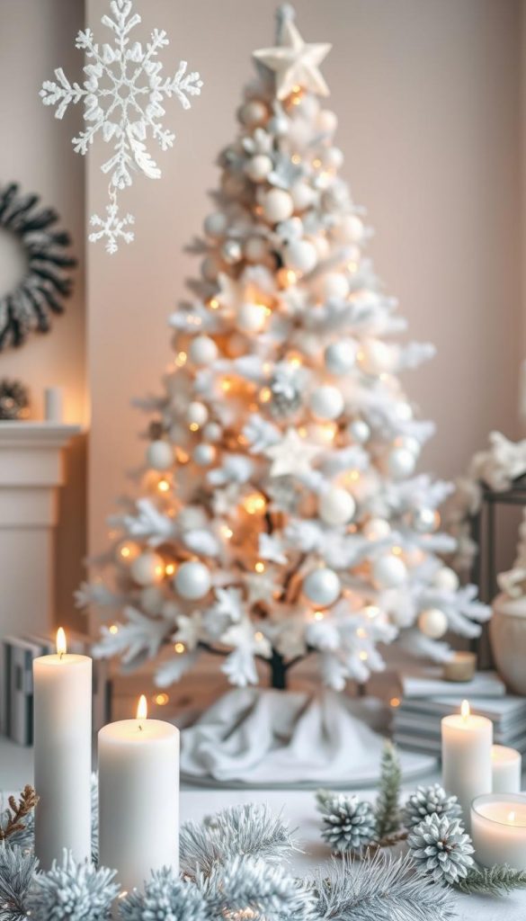 A beautifully curated monochromatic Christmas tree in white, adorned with an assortment of textured ornaments, all in shades of white and cream. The tree stands elegantly in a softly lit room, with warm, ambient lighting that bathes the scene in a cozy glow. In the foreground, delicate snowflakes hang from the branches, catching the light. The middle ground features a stylish, reusable model of the tree, showcasing its sustainable design, flanked by tastefully arranged white candles with a flickering flame. The background includes gentle hints of winter decor, such as white garlands and frosted pinecones. Capture the serene atmosphere and the inviting spirit of the holiday season, embodying the essence of "KlickKiste" with a Pinterest-inspired aesthetic.