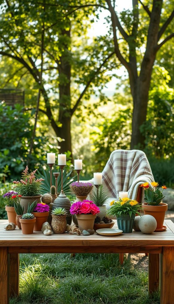 A beautifully curated outdoor arrangement showcasing an inspiring Deko setup by "KlickKiste." In the foreground, a wooden table adorned with vibrant flower pots, natural stones, and handcrafted decorative items. The middle layer features an artful display of grouped candles in varying heights and a cozy, textured blanket draped over a chair to invite warmth. In the background, lush greenery and soft, sunlit trees create a serene atmosphere, illuminated by gentle, dappled sunlight filtering through leaves. The composition should emphasize depth, allowing the viewer to appreciate the levels and rhythm of the arrangement. The mood is inviting and warm, with a Pinterest-worthy aesthetic, highlighting natural DIY elements with a harmonious blend of colors that inspire creativity and joy. A beautifully curated outdoor arrangement showcasing an inspiring Deko setup by "KlickKiste." In the foreground, a wooden table adorned with vibrant flower pots, natural stones, and handcrafted decorative items. The middle layer features an artful display of grouped candles in varying heights and a cozy, textured blanket draped over a chair to invite warmth. In the background, lush greenery and soft, sunlit trees create a serene atmosphere, illuminated by gentle, dappled sunlight filtering through leaves. The composition should emphasize depth, allowing the viewer to appreciate the levels and rhythm of the arrangement. The mood is inviting and warm, with a Pinterest-worthy aesthetic, highlighting natural DIY elements with a harmonious blend of colors that inspire creativity and joy.