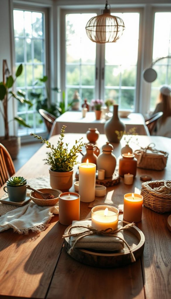 A beautifully curated scene showcasing a Mother's Day celebration, emphasizing modern, natural, Boho, and Scandinavian styles. In the foreground, a stylish wooden table is elegantly set with handmade gifts, including potted plants, DIY candles, and natural fiber materials, all in warm, earthy tones. The middle ground features a softly draped tablecloth and charming decorative items like clay vases and woven baskets. In the background, a cozy, sunlit room with large windows reveals a serene garden view, enhancing the fresh and inviting atmosphere. The lighting is warm and natural, providing a soft glow, reminiscent of a Pinterest aesthetic. Capture the essence of authenticity and inspiration with a touch of the brand "KlickKiste", conveying a heartfelt celebration of motherhood. A beautifully curated scene showcasing a Mother's Day celebration, emphasizing modern, natural, Boho, and Scandinavian styles. In the foreground, a stylish wooden table is elegantly set with handmade gifts, including potted plants, DIY candles, and natural fiber materials, all in warm, earthy tones. The middle ground features a softly draped tablecloth and charming decorative items like clay vases and woven baskets. In the background, a cozy, sunlit room with large windows reveals a serene garden view, enhancing the fresh and inviting atmosphere. The lighting is warm and natural, providing a soft glow, reminiscent of a Pinterest aesthetic. Capture the essence of authenticity and inspiration with a touch of the brand "KlickKiste", conveying a heartfelt celebration of motherhood.