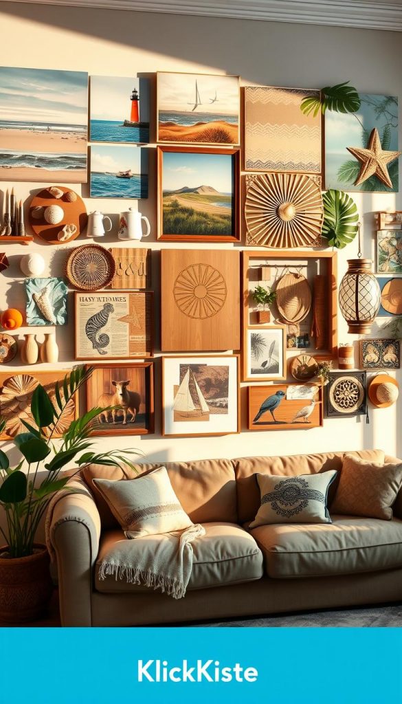 A beautifully curated wall display showcasing a combination of themed worlds: a maritime theme featuring soft blues and sandy tones with seashells and lighthouse motifs, an ethnic vibe with vibrant textiles and tribal patterns, a safari aesthetic with animal prints and tropical greenery, a Scandinavian design featuring minimalistic wood accents and soft pastels, and an Oriental touch with intricate lanterns and rich jewel tones. The foreground features a tasteful arrangement of these items in an artistic collage, with natural shadows creating depth. The middle ground captures a stylish living room setting with warm, inviting lighting, while the background presents a cozy and well-organized wall. The overall mood is authentic and inspiring, reminiscent of a Pinterest aesthetic, branded for "KlickKiste."