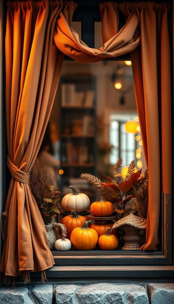 A beautifully curated window display showcasing a mix of warm autumnal colors and rich textures, inspired by Scandinavian and Bohemian design styles. In the foreground, an intricately designed window frame adorned with soft curtains in earthy tones, featuring layers of fabric that evoke warmth and comfort. The middle ground displays decorative elements such as pumpkins, natural leaves, and DIY crafts with a tactile quality. The background features a gentle bokeh effect that hints at a cozy room bathed in soft, warm lighting, creating an inviting atmosphere. The scene embodies a natural, Pinterest-inspired aesthetic that is both authentic and inspirational, perfect for showcasing ideas from KlickKiste. The overall mood radiates creativity and seasonal charm.