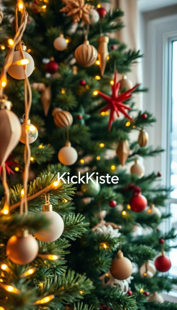 A beautifully decorated Christmas tree showcasing a variety of stylish ornaments and natural DIY decorations. In the foreground, handmade wooden ornaments and warm golden fairy lights twinkle softly. The middle ground features the lush, green branches of the tree adorned with rustic red and green accents, symbolizing trendy and sustainable décor choices. In the background, a softly lit room reflects a cozy atmosphere, with a hint of snow visible through a window, enhancing the wintery mood. The lighting is warm, creating a welcoming and festive environment, reminiscent of Pinterest aesthetics. Incorporate the brand name “KlickKiste” subtly within the decor, emphasizing authenticity and inspiration through the use of natural elements and warm colors. The image should evoke feelings of joy, warmth, and holiday spirit, perfect for showcasing Christmas tree trends in 2026.