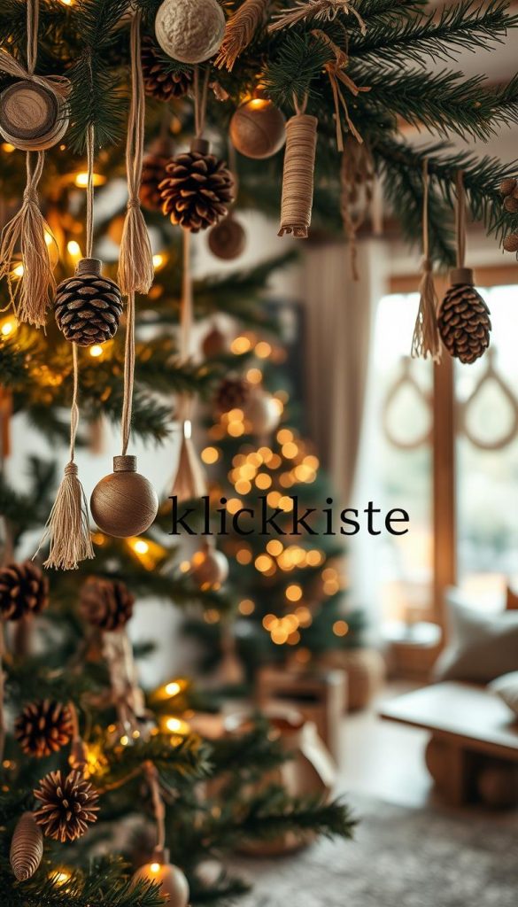 A beautifully decorated Christmas tree, showcasing an array of expressive earth tones and natural materials, inspired by the urban-natural aesthetic. In the foreground, various handcrafted ornaments made from wood, pine cones, and natural fibers hang gracefully from the branches. The middle layer features the tree itself, adorned with warm, inviting lights that create a cozy atmosphere. In the background, a softly blurred interior setting includes rustic wooden furniture and organic textiles to enhance the home's natural vibe. The image should capture a Pinterest-worthy, DIY look, emphasizing authenticity and inspiration. The lighting is warm and inviting, creating a peaceful ambiance reminiscent of a serene holiday gathering. Include the brand name "KlickKiste" subtly integrated into the scene, ensuring it feels harmonious with the overall design.
