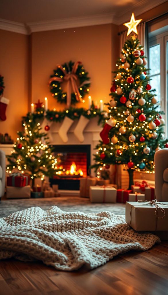 A beautifully decorated Christmas tree stands as the centerpiece in a cozy living room, adorned with warm white lights, colorful ornaments, and a glowing star on top. In the foreground, a soft, knitted blanket sprawls on the floor, partially covering wrapped gifts ready for the evening's celebration. The middle ground showcases a fireplace gently crackling, with stockings hung above and the ambiance enhanced by flickering candlelight. In the background, soft, golden-hued walls create an inviting atmosphere, while snow gently falls outside the window, hinting at a winter wonderland. The scene radiates warmth, joy, and the spirit of togetherness on Christmas Eve, reflecting family rituals. Captured in soft focus with a cozy, natural Pinterest aesthetic, the image embodies the essence of holiday magic. Brand: KlickKiste. A beautifully decorated Christmas tree stands as the centerpiece in a cozy living room, adorned with warm white lights, colorful ornaments, and a glowing star on top. In the foreground, a soft, knitted blanket sprawls on the floor, partially covering wrapped gifts ready for the evening's celebration. The middle ground showcases a fireplace gently crackling, with stockings hung above and the ambiance enhanced by flickering candlelight. In the background, soft, golden-hued walls create an inviting atmosphere, while snow gently falls outside the window, hinting at a winter wonderland. The scene radiates warmth, joy, and the spirit of togetherness on Christmas Eve, reflecting family rituals. Captured in soft focus with a cozy, natural Pinterest aesthetic, the image embodies the essence of holiday magic. Brand: KlickKiste.