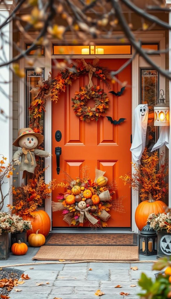 A beautifully decorated Halloween-themed front door, showcasing a blend of upcycled materials. The foreground features a charming autumn wreath crafted from colorful leaves, tiny pumpkins, and rustic burlap accents, all in warm colors. Flanking the door are creatively repurposed decorations, such as a scarecrow with a friendly smile made from old clothes and twine and ghostly figures hanging from the porch, made from white sheets. In the middle, the door itself is painted a deep orange, adorned with playful Halloween motifs like bats and spider webs. The background includes softly glowing lanterns that cast a warm, inviting light, enhancing the cozy yet spooky atmosphere. The setting is framed by gently swaying branches, hinting at a crisp fall evening. The overall mood is lively and inspiring, perfect for a DIY decor inspiration from "KlickKiste."