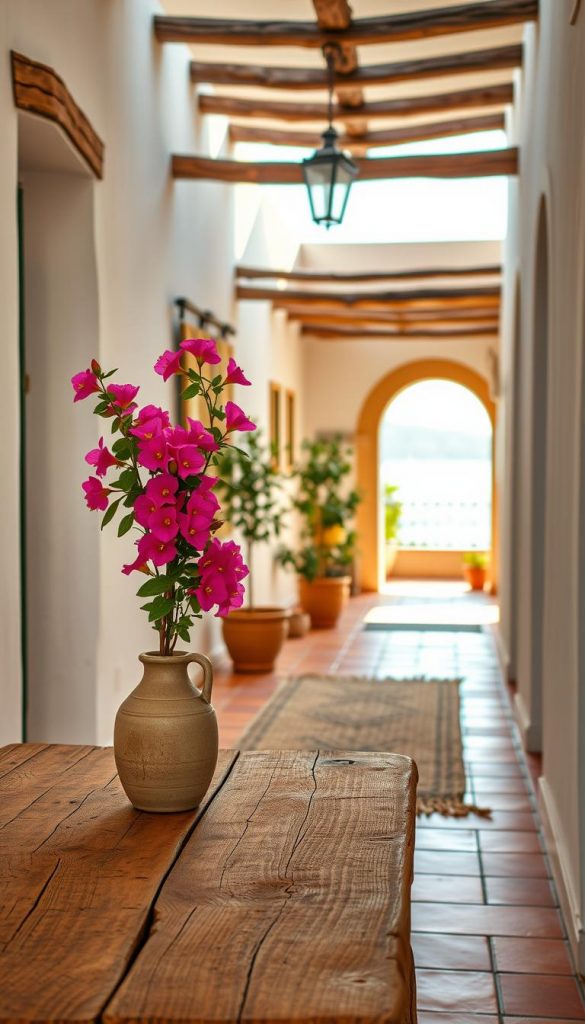 A beautifully decorated Mediterranean hallway with warm earthy tones and natural textures. In the foreground, a rustic wooden table adorned with a bouquet of vibrant bougainvillea flowers in a simple ceramic vase. The middle ground features a sunlit corridor lined with terracotta tiles and whitewashed walls, accented by rustic wooden beams. Decorative elements like a woven rug and potted olive trees enhance the authentic vibe. In the background, an archway opens up to a scenic view of the Mediterranean sea, capturing the essence of Greek or Tuscan beauty. The warm, golden-hour lighting casts soft shadows, creating a cozy and inviting atmosphere. This image reflects the aesthetic of "KlickKiste," combining natural DIY inspirations with a Pinterest-worthy look. A beautifully decorated Mediterranean hallway with warm earthy tones and natural textures. In the foreground, a rustic wooden table adorned with a bouquet of vibrant bougainvillea flowers in a simple ceramic vase. The middle ground features a sunlit corridor lined with terracotta tiles and whitewashed walls, accented by rustic wooden beams. Decorative elements like a woven rug and potted olive trees enhance the authentic vibe. In the background, an archway opens up to a scenic view of the Mediterranean sea, capturing the essence of Greek or Tuscan beauty. The warm, golden-hour lighting casts soft shadows, creating a cozy and inviting atmosphere. This image reflects the aesthetic of "KlickKiste," combining natural DIY inspirations with a Pinterest-worthy look.
