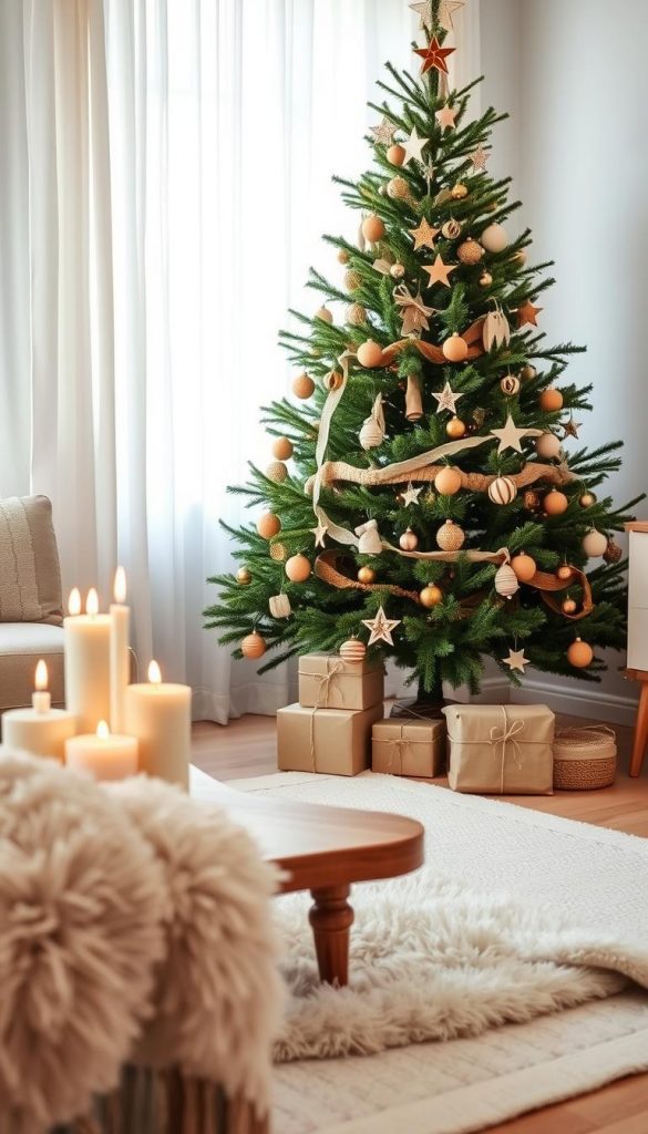 A beautifully decorated Scandi Christmas tree, set in a cozy, minimalistic living room. The tree is adorned with natural decorations: wooden ornaments, linen ribbons, and delicate paper stars, all in warm, earthy tones. In the foreground, a plush, light-colored rug adds texture, while a wooden coffee table displays traditional Scandinavian candles. In the middle, the tree stands tall, surrounded by wrapped gifts in simple brown paper with twine. In the background, soft, natural light filters through a window draped with sheer curtains, creating a serene atmosphere. The scene captures the essence of Scandi chic—authentic DIY aesthetics that are warm and inviting. Inspired by the brand KlickKiste, the mood is homely and festive, perfect for holiday inspiration.
