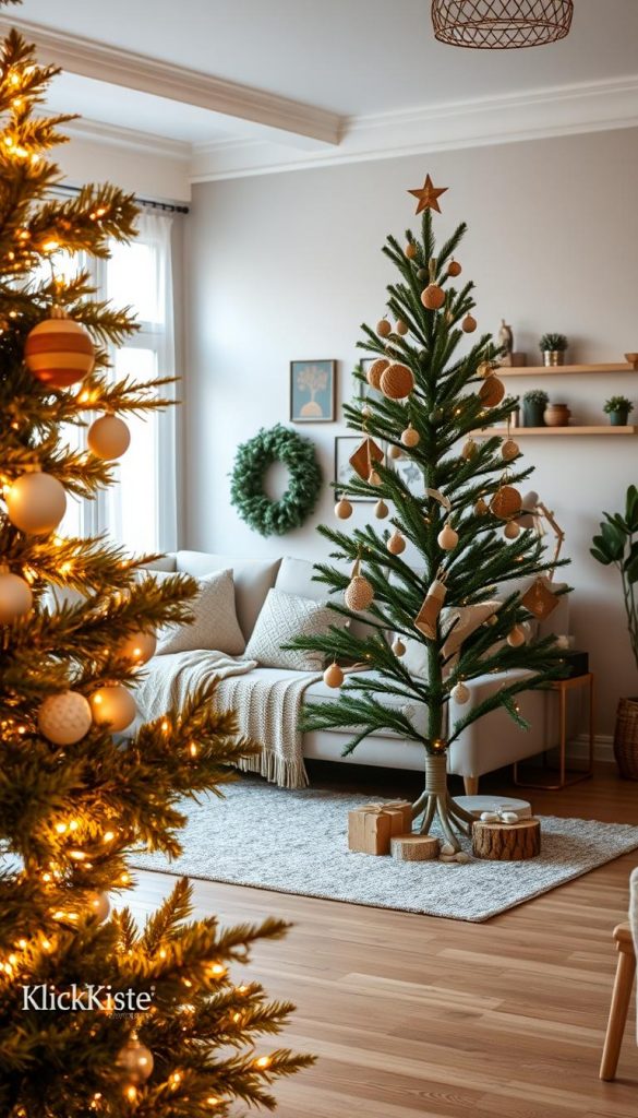 A beautifully decorated Weihnachtsbaum stands in an elegantly styled living room, showcasing a harmonious blend of natural DIY elements. The foreground highlights the tree, adorned with warm golden lights, delicate ornaments, and rustic wooden accents that evoke a cozy atmosphere. In the middle, a chic, minimalist sofa adorned with soft pillows and a knitted throw complements the festive spirit. The background reveals a softly lit room with tasteful decorations, warm colors, and a hint of greenery from houseplants, creating an inviting ambiance. The lighting is warm and inviting, reminiscent of a late afternoon glow. This scene embodies a Pinterest-worthy aesthetic, radiating authenticity and inspiration, ideal for small spaces. The brand name "KlickKiste" subtly inspires creativity within the design.