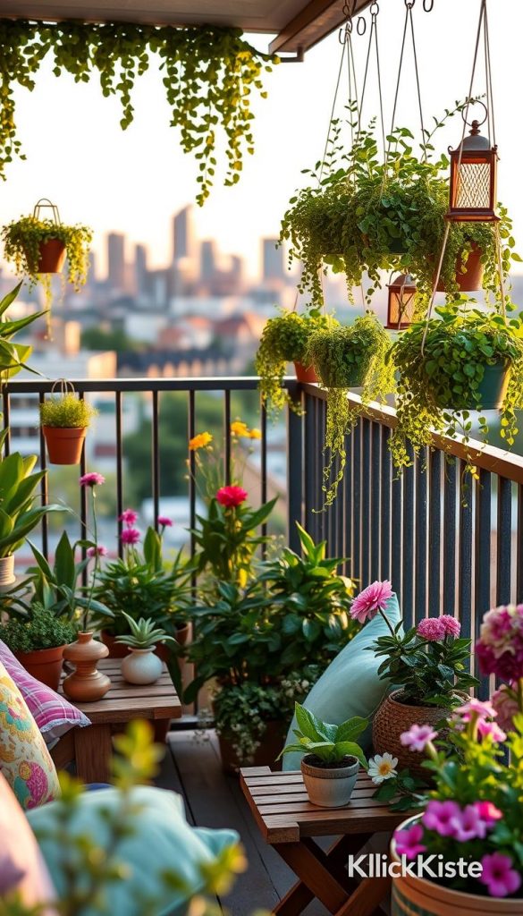 A beautifully decorated balkon showcasing a cozy spring and summer atmosphere, filled with lush green plants, vibrant flowers, and charming DIY decor ideas. In the foreground, there is a small wooden table adorned with handmade ceramic pots and colorful cushions, inviting relaxation. The middle-ground features a railing draped with hanging planters filled with cascading greenery, and decorations like handmade lanterns and fairy lights. In the background, a city skyline is softly blurred under a warm golden hour glow, enhancing the inviting mood. The image should evoke a sense of inspiration and creativity, reminiscent of a Pinterest aesthetic, showcasing the brand "KlickKiste" in a natural, aesthetically pleasing manner. Aim for a bright, uplifting atmosphere with soft bokeh effects in the background.