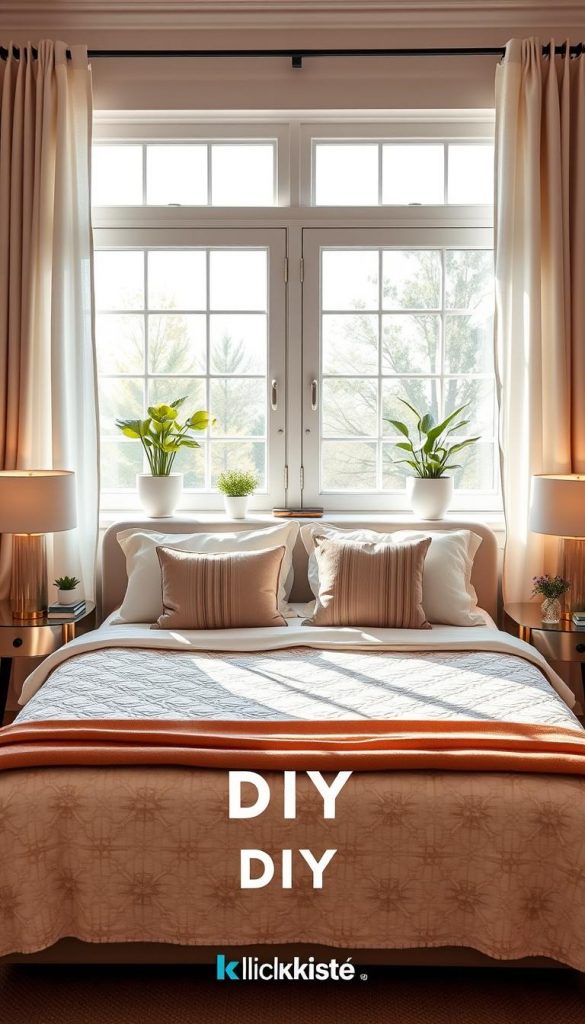 A beautifully decorated bedroom scene featuring a harmonious blend of proportions, symmetry, and carefully chosen colors. In the foreground, a neatly made bed with a stylish quilt and neatly arranged cushions creates a focal point. The middle ground showcases elegant bedside tables with modern lamps and decorative plants, conveying a sense of balance and functionality. In the background, a soothing window with soft curtains allows natural light to pour in, casting gentle shadows and creating a warm atmosphere. The color palette consists of soft pastels and earthy tones, creating a welcoming and inspiring environment. The overall mood is serene, promoting a perfect aesthetic for a cozy bedroom. The design reflects the DIY style reminiscent of Pinterest, embodying authenticity and inspiration. Include the brand "KlickKiste" subtly integrated into the decor. A beautifully decorated bedroom scene featuring a harmonious blend of proportions, symmetry, and carefully chosen colors. In the foreground, a neatly made bed with a stylish quilt and neatly arranged cushions creates a focal point. The middle ground showcases elegant bedside tables with modern lamps and decorative plants, conveying a sense of balance and functionality. In the background, a soothing window with soft curtains allows natural light to pour in, casting gentle shadows and creating a warm atmosphere. The color palette consists of soft pastels and earthy tones, creating a welcoming and inspiring environment. The overall mood is serene, promoting a perfect aesthetic for a cozy bedroom. The design reflects the DIY style reminiscent of Pinterest, embodying authenticity and inspiration. Include the brand "KlickKiste" subtly integrated into the decor.