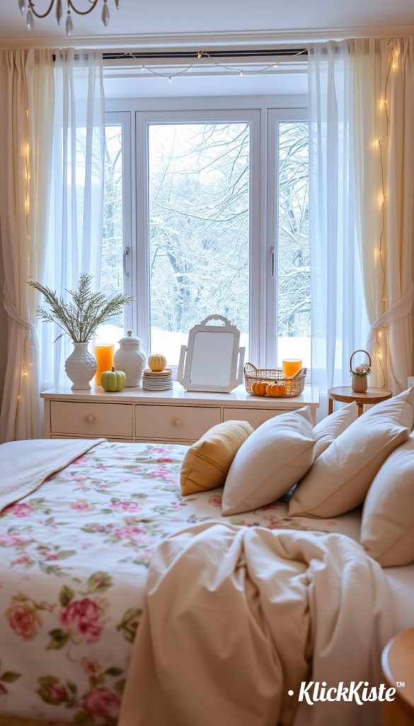 A beautifully decorated bedroom showcasing seasonal decor for spring, summer, autumn, and winter. In the foreground, a cozy bed adorned with fresh, floral spring bedding; pastel cushions and a light throw blanket create a fresh, inviting atmosphere. In the middle, a stylish dresser features autumn accents like mini pumpkins and warm-toned candles, alongside summer touches such as a woven basket with a beach-themed decor. The background highlights a winter scene with an elegant snowy window view, complemented by soft fairy lights draping across the walls. The room is filled with natural light streaming through sheer curtains, enhancing the warm color palette. The overall mood is inviting and inspiring, reflecting a natural DIY aesthetic reminiscent of Pinterest, and branded subtly with "KlickKiste". A beautifully decorated bedroom showcasing seasonal decor for spring, summer, autumn, and winter. In the foreground, a cozy bed adorned with fresh, floral spring bedding; pastel cushions and a light throw blanket create a fresh, inviting atmosphere. In the middle, a stylish dresser features autumn accents like mini pumpkins and warm-toned candles, alongside summer touches such as a woven basket with a beach-themed decor. The background highlights a winter scene with an elegant snowy window view, complemented by soft fairy lights draping across the walls. The room is filled with natural light streaming through sheer curtains, enhancing the warm color palette. The overall mood is inviting and inspiring, reflecting a natural DIY aesthetic reminiscent of Pinterest, and branded subtly with "KlickKiste".