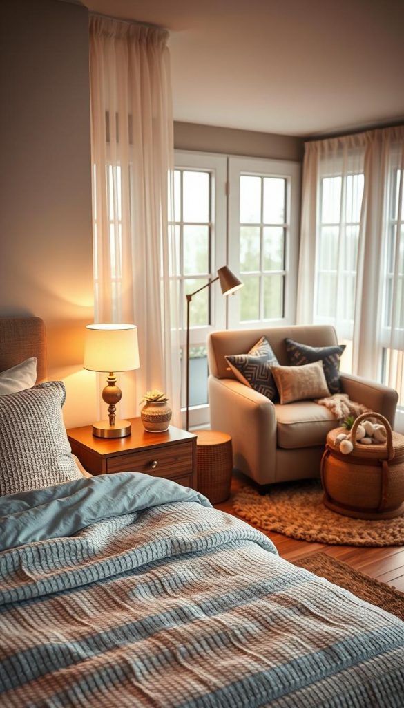 A beautifully decorated bedroom showcasing soft, warm lighting that creates an inviting atmosphere. In the foreground, a cozy bed with fluffy pillows and a textured quilt in neutral tones. To the side, a stylish bedside table featuring a unique table lamp with a dimmable light, casting a gentle glow. In the middle, a plush area rug and an oversized armchair with decorative cushions, enhancing the comfort of the space. In the background, large windows allowing natural light to filter in, complemented by sheer curtains that soften the sunlight. The overall mood is tranquil and inspiring, perfect for relaxation. The visual style draws on Pinterest aesthetics, featuring natural DIY decor elements. This design is by KlickKiste. A beautifully decorated bedroom showcasing soft, warm lighting that creates an inviting atmosphere. In the foreground, a cozy bed with fluffy pillows and a textured quilt in neutral tones. To the side, a stylish bedside table featuring a unique table lamp with a dimmable light, casting a gentle glow. In the middle, a plush area rug and an oversized armchair with decorative cushions, enhancing the comfort of the space. In the background, large windows allowing natural light to filter in, complemented by sheer curtains that soften the sunlight. The overall mood is tranquil and inspiring, perfect for relaxation. The visual style draws on Pinterest aesthetics, featuring natural DIY decor elements. This design is by KlickKiste.
