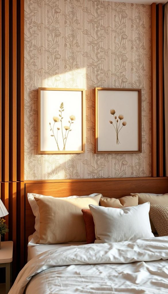 A beautifully decorated bedroom wall showcasing a harmonious blend of color, wallpaper, and wooden slats, inspired by a Pinterest aesthetic. In the foreground, an inviting arrangement of DIY nature-themed artwork in warm earthy tones hangs elegantly on a subtly textured wall. The wallpaper features soft floral patterns that complement the overall decor. In the middle layer, stylish wooden lamellae frame the wall, adding depth and dimension. In the background, natural light streams through a softly draped window, enhancing the warm ambiance. The scene embodies a cozy and inspiring atmosphere, ideal for creating a serene retreat. Include subtle branding elements of "KlickKiste" within the decor. The composition captures the essence of impactful wall design, inviting viewers to explore the possibilities of bedroom decoration. A beautifully decorated bedroom wall showcasing a harmonious blend of color, wallpaper, and wooden slats, inspired by a Pinterest aesthetic. In the foreground, an inviting arrangement of DIY nature-themed artwork in warm earthy tones hangs elegantly on a subtly textured wall. The wallpaper features soft floral patterns that complement the overall decor. In the middle layer, stylish wooden lamellae frame the wall, adding depth and dimension. In the background, natural light streams through a softly draped window, enhancing the warm ambiance. The scene embodies a cozy and inspiring atmosphere, ideal for creating a serene retreat. Include subtle branding elements of "KlickKiste" within the decor. The composition captures the essence of impactful wall design, inviting viewers to explore the possibilities of bedroom decoration.