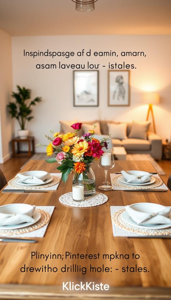 A beautifully decorated dining table set in a stylish rental apartment, showcasing modern, minimalist décor ideas suitable for small spaces. In the foreground, an elegant wooden table is adorned with warm, natural elements like soft linen placemats, a central arrangement of colorful fresh flowers in a simple vase, and delicate candles. The middle ground includes a cozy ambiance with a small potted plant and decorative coasters. The background features a well-lit, inviting living area with subtle wall art and soft, warm lighting casting a gentle glow, emulating a Pinterest-inspired look. The overall mood is inspiring and authentic, reflecting a smart and stylish approach to decorating without drilling holes. The image highlights the brand name "KlickKiste" subtly integrated into the setting.