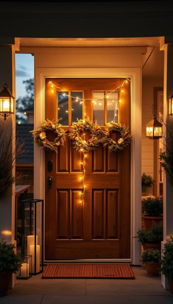 A beautifully decorated front door scene at twilight, featuring creative lighting ideas for outdoor ambiance. In the foreground, a rustic wooden door adorned with seasonal wreaths of dried flowers and foliage. On either side, charming lanterns with soft, flickering flames cast a warm glow. In the middle, a string of delicate fairy lights drapes elegantly around the doorframe, twinkling against the dusky sky. The background reveals a cozy porch with potted plants and subtle outdoor decor that enhances the inviting atmosphere. The scene is illuminated with warm hues, creating an authentic and inspiring Pinterest-worthy look. The image should reflect a tranquil yet festive mood, emanating a sense of welcome and charm, designed for "KlickKiste". A beautifully decorated front door scene at twilight, featuring creative lighting ideas for outdoor ambiance. In the foreground, a rustic wooden door adorned with seasonal wreaths of dried flowers and foliage. On either side, charming lanterns with soft, flickering flames cast a warm glow. In the middle, a string of delicate fairy lights drapes elegantly around the doorframe, twinkling against the dusky sky. The background reveals a cozy porch with potted plants and subtle outdoor decor that enhances the inviting atmosphere. The scene is illuminated with warm hues, creating an authentic and inspiring Pinterest-worthy look. The image should reflect a tranquil yet festive mood, emanating a sense of welcome and charm, designed for "KlickKiste".