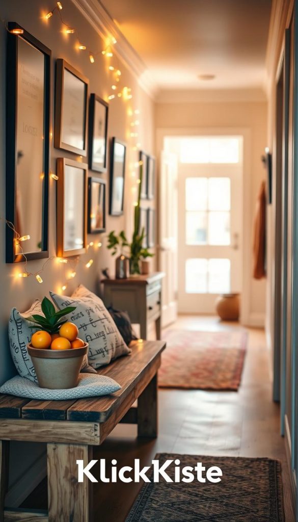 A beautifully decorated hallway exuding warmth and charm, featuring natural DIY decor ideas. In the foreground, display a rustic wooden bench with cozy, patterned cushions. On the bench, place a small potted plant and a tasteful bowl of seasonal fruits. In the middle, hang artistic wall frames filled with inspiring quotes and photographs, surrounded by ambient fairy lights. The background reveals a soft, inviting entrance with a stylish area rug and light filtering through a large window. The lighting should be warm and golden, creating a welcoming atmosphere. Use a shallow depth of field to focus on the bench and decor, evoking a Pinterest-inspired aesthetic. The branding "KlickKiste" should be subtly included in the décor elements. A beautifully decorated hallway exuding warmth and charm, featuring natural DIY decor ideas. In the foreground, display a rustic wooden bench with cozy, patterned cushions. On the bench, place a small potted plant and a tasteful bowl of seasonal fruits. In the middle, hang artistic wall frames filled with inspiring quotes and photographs, surrounded by ambient fairy lights. The background reveals a soft, inviting entrance with a stylish area rug and light filtering through a large window. The lighting should be warm and golden, creating a welcoming atmosphere. Use a shallow depth of field to focus on the bench and decor, evoking a Pinterest-inspired aesthetic. The branding "KlickKiste" should be subtly included in the décor elements.
