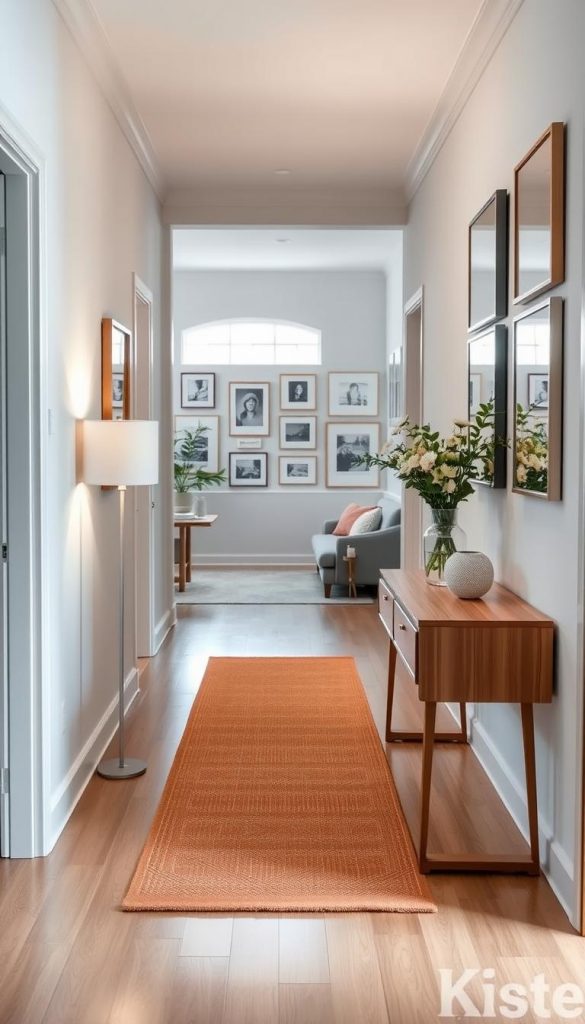 A beautifully decorated hallway, showcasing harmonious proportions and a mix of styles. In the foreground, a sleek wooden console table adorned with a vase of fresh flowers and a stylish lamp. In the middle, the hallway features a soft-textured runner rug in warm earth tones, leading towards a gallery wall filled with a collection of framed art pieces in varying sizes, creating visual interest. The background reveals a spacious entryway with a large window allowing natural light to flood in, illuminating the space. The overall atmosphere is warm and inviting, with comfortable, professional decor that inspires creativity. The image embodies a Pinterest-like aesthetic, exuding authenticity and inspiration, branded with "KlickKiste" subtly integrated into the decor elements. The lighting is soft and diffused, enhancing the cozy ambiance. A beautifully decorated hallway, showcasing harmonious proportions and a mix of styles. In the foreground, a sleek wooden console table adorned with a vase of fresh flowers and a stylish lamp. In the middle, the hallway features a soft-textured runner rug in warm earth tones, leading towards a gallery wall filled with a collection of framed art pieces in varying sizes, creating visual interest. The background reveals a spacious entryway with a large window allowing natural light to flood in, illuminating the space. The overall atmosphere is warm and inviting, with comfortable, professional decor that inspires creativity. The image embodies a Pinterest-like aesthetic, exuding authenticity and inspiration, branded with "KlickKiste" subtly integrated into the decor elements. The lighting is soft and diffused, enhancing the cozy ambiance.