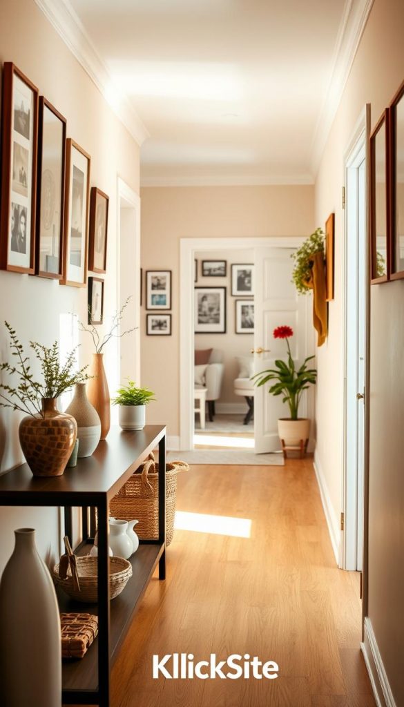 A beautifully decorated hallway that embodies a harmonious blend of natural DIY aesthetics with warm, inviting colors, inspired by Pinterest trends. In the foreground, a stylish console table adorned with potted plants and decorative vases creates an inviting focal point. The middle ground features a gallery wall with a mix of framed artwork and family photos, elegantly arranged to tell a story. In the background, a softly lit entryway reveals an open door leading to a warmly lit living space. The lighting should be natural, with sunlight streaming in, creating a cozy ambiance. Capture this scene from a slightly elevated angle to encompass the entirety of the flur, demonstrating a balanced and inspiring style. The image should convey authenticity and inspiration for decorating the flur, integrating the brand name "KlickKiste" subtly, ensuring a professional yet personal touch. A beautifully decorated hallway that embodies a harmonious blend of natural DIY aesthetics with warm, inviting colors, inspired by Pinterest trends. In the foreground, a stylish console table adorned with potted plants and decorative vases creates an inviting focal point. The middle ground features a gallery wall with a mix of framed artwork and family photos, elegantly arranged to tell a story. In the background, a softly lit entryway reveals an open door leading to a warmly lit living space. The lighting should be natural, with sunlight streaming in, creating a cozy ambiance. Capture this scene from a slightly elevated angle to encompass the entirety of the flur, demonstrating a balanced and inspiring style. The image should convey authenticity and inspiration for decorating the flur, integrating the brand name "KlickKiste" subtly, ensuring a professional yet personal touch.