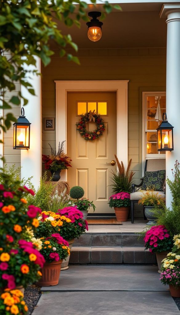A beautifully decorated house entrance featuring a welcoming front door adorned with seasonal wreaths and potted plants. In the foreground, vibrant flowers and greenery surround the entrance, creating a warm and inviting atmosphere. In the middle ground, the charming front door, painted in a soft pastel color, is flanked by stylish lanterns casting a gentle light. The background shows a cozy porch with comfortable seating, inviting guests to relax. The scene is bathed in golden hour lighting, giving a soft glow that enhances the natural DIY aesthetic. The overall mood is authentic and inspiring, embodying a Pinterest-like charm. Incorporate elements representing "KlickKiste" subtly within the decor, ensuring a cohesive look. A beautifully decorated house entrance featuring a welcoming front door adorned with seasonal wreaths and potted plants. In the foreground, vibrant flowers and greenery surround the entrance, creating a warm and inviting atmosphere. In the middle ground, the charming front door, painted in a soft pastel color, is flanked by stylish lanterns casting a gentle light. The background shows a cozy porch with comfortable seating, inviting guests to relax. The scene is bathed in golden hour lighting, giving a soft glow that enhances the natural DIY aesthetic. The overall mood is authentic and inspiring, embodying a Pinterest-like charm. Incorporate elements representing "KlickKiste" subtly within the decor, ensuring a cohesive look.