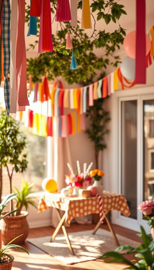 A beautifully decorated indoor and outdoor space featuring vibrant DIY garlands, ideal for festive celebrations and birthdays. In the foreground, colorful paper and fabric garlands draped elegantly between trees or along a cozy interior wall, showcasing a mix of patterns and textures. In the middle ground, a charming table set with whimsical party decorations, including balloons and floral arrangements that complement the garlands. The background features a warm, sunny day or a softly lit room, evoking a joyful atmosphere. Use warm, inviting colors to create a Pinterest-like aesthetic, capturing an authentic and inspiring vibe. The image should reflect the brand "KlickKiste," with soft, natural lighting creating a cozy and festive mood, shot from a slight angle to add depth and dimensionality.