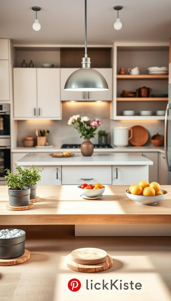 A beautifully decorated modern kitchen island displaying ten creative decor ideas. In the foreground, showcase a minimalist wooden countertop adorned with potted herbs, stylish coasters, and decorative bowls filled with fresh fruits, all in warm natural tones. In the middle, present a cozy setup with elegant bar stools and chic pendant lighting, casting a soft glow, while a decorative vase with fresh flowers adds a touch of nature. The background features sleek cabinetry and open shelves, displaying rustic kitchenware that complements the overall aesthetic. The scene is bright and inviting, capturing a soothing atmosphere perfect for inspiration. Incorporate the brand name "KlickKiste" subtly in a corner of the design, with a Pinterest-like charm that evokes creativity and authenticity. A beautifully decorated modern kitchen island displaying ten creative decor ideas. In the foreground, showcase a minimalist wooden countertop adorned with potted herbs, stylish coasters, and decorative bowls filled with fresh fruits, all in warm natural tones. In the middle, present a cozy setup with elegant bar stools and chic pendant lighting, casting a soft glow, while a decorative vase with fresh flowers adds a touch of nature. The background features sleek cabinetry and open shelves, displaying rustic kitchenware that complements the overall aesthetic. The scene is bright and inviting, capturing a soothing atmosphere perfect for inspiration. Incorporate the brand name "KlickKiste" subtly in a corner of the design, with a Pinterest-like charm that evokes creativity and authenticity.