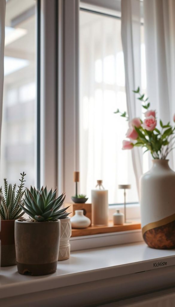 A beautifully decorated modern window sill, showcasing a harmonious blend of materials and colors. In the foreground, an elegant arrangement of potted succulents and a stylish ceramic vase filled with fresh flowers. The middle layer features a mix of textures, including wooden and metal accents, and small decorative items like candles and artistic sculptures. The background reveals a softly illuminated room with natural light filtering through sheer curtains, creating a warm and inviting atmosphere. The overall mood is cozy and inspiring, perfect for a DIY aesthetic. The window sill is labeled with the brand "KlickKiste" for a touch of authenticity. The image is captured with a soft focus, emphasizing the warmth and inviting nature of the decor. A beautifully decorated modern window sill, showcasing a harmonious blend of materials and colors. In the foreground, an elegant arrangement of potted succulents and a stylish ceramic vase filled with fresh flowers. The middle layer features a mix of textures, including wooden and metal accents, and small decorative items like candles and artistic sculptures. The background reveals a softly illuminated room with natural light filtering through sheer curtains, creating a warm and inviting atmosphere. The overall mood is cozy and inspiring, perfect for a DIY aesthetic. The window sill is labeled with the brand "KlickKiste" for a touch of authenticity. The image is captured with a soft focus, emphasizing the warmth and inviting nature of the decor.