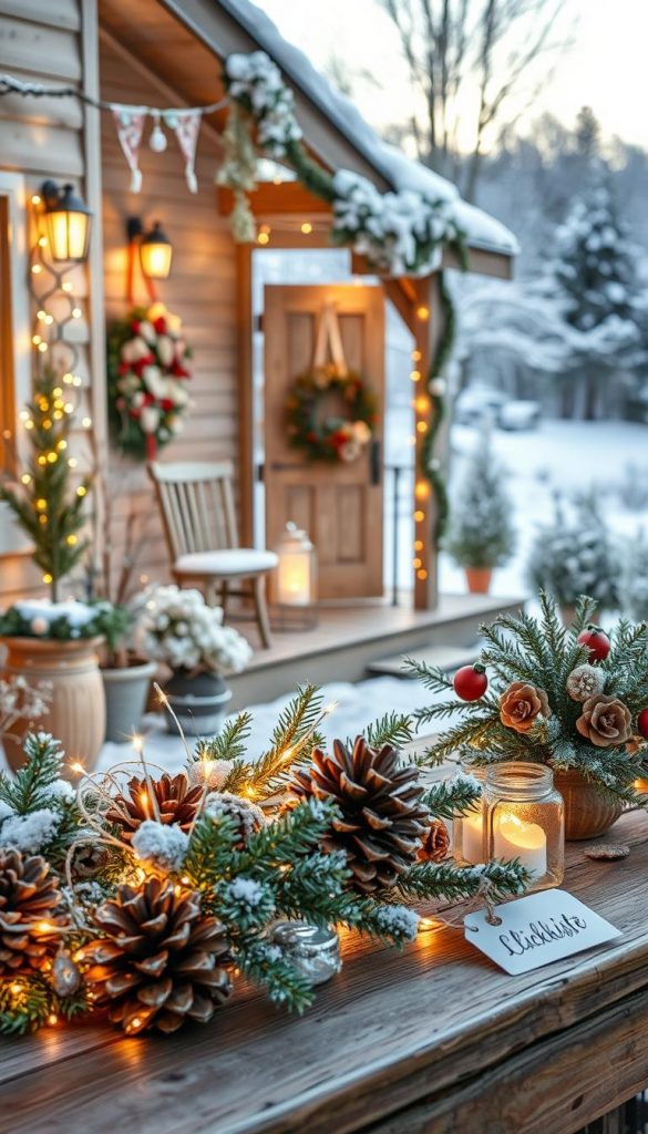A beautifully decorated outdoor scene featuring weatherproof winter decorations made from natural materials. In the foreground, display cozy arrangements of pine cones, twinkling fairy lights, and evergreen branches, presented on a rustic wooden table. The middle ground should include a charming, inviting porch adorned with wreaths made of dried flowers and festive ornaments. In the background, a snow-covered landscape enhances the wintry atmosphere, subtly illuminated by soft, warm sunlight filtering through frosty trees. The scene conveys a sense of warmth and creativity, perfect for inspiring seasonal decor ideas. The style should evoke a Pinterest aesthetic, celebrating the authenticity of DIY design. Brand logo integration: &ldquo;KlickKiste&rdquo; subtly included on a small tag in the image.