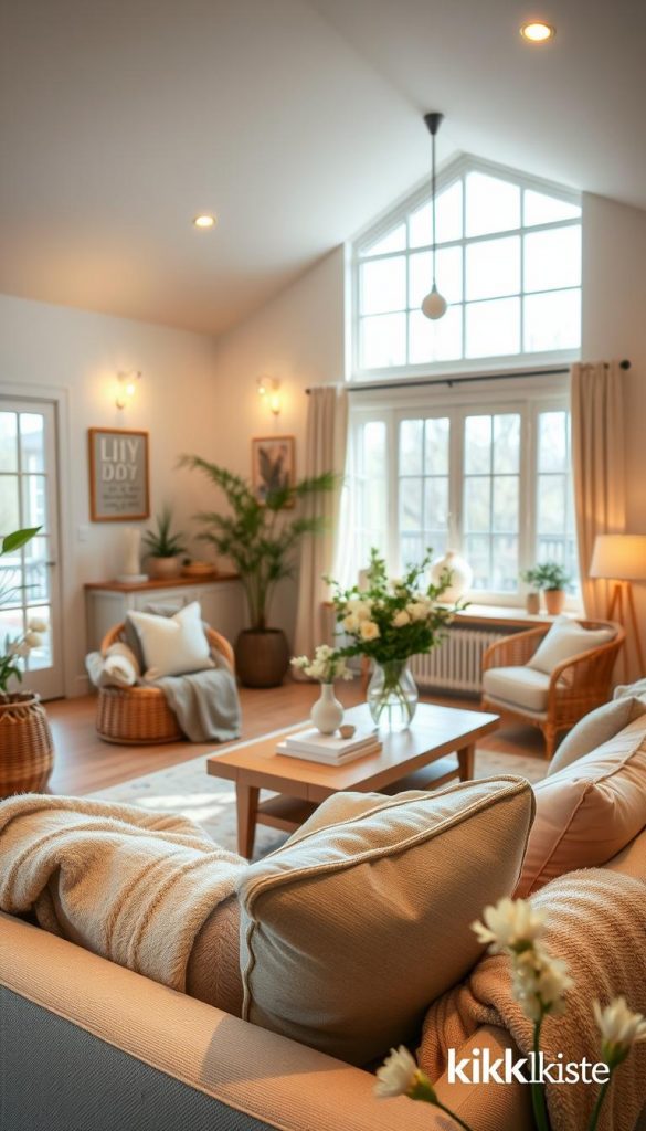 A beautifully decorated spring living room, showcasing warm, inviting lighting rather than harsh ceiling lights. In the foreground, a cozy sofa adorned with pastel-colored cushions and a soft throw blanket. The middle ground features a stylish wooden coffee table with a vase of fresh flowers, and a few artful decor pieces reflecting a DIY aesthetic. In the background, large windows allow natural light to pour in, creating a serene atmosphere enhanced by soft light fixtures that emit a gentle glow. The room is styled with natural textures, like wicker and soft fabrics, adorned with hints of greenery. Capture this scene using a warm color palette and a bright, airy mood, reflecting the essence of spring. Include subtle branding elements from KlickKiste, emphasizing an authentic, inspirational vibe. A beautifully decorated spring living room, showcasing warm, inviting lighting rather than harsh ceiling lights. In the foreground, a cozy sofa adorned with pastel-colored cushions and a soft throw blanket. The middle ground features a stylish wooden coffee table with a vase of fresh flowers, and a few artful decor pieces reflecting a DIY aesthetic. In the background, large windows allow natural light to pour in, creating a serene atmosphere enhanced by soft light fixtures that emit a gentle glow. The room is styled with natural textures, like wicker and soft fabrics, adorned with hints of greenery. Capture this scene using a warm color palette and a bright, airy mood, reflecting the essence of spring. Include subtle branding elements from KlickKiste, emphasizing an authentic, inspirational vibe.