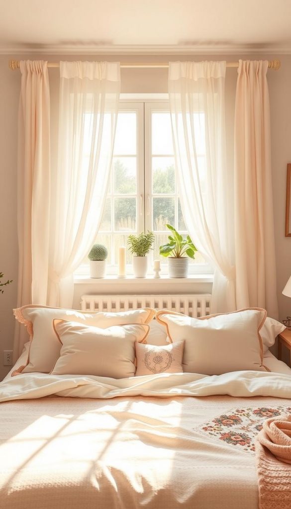 A beautifully decorated summer bedroom with soft natural light illuminating the space. In the foreground, a cozy bed adorned with light, breezy linens in warm pastel shades, surrounded by elegant decorative pillows and a handmade quilt. In the middle, a large window dressed with sheer curtains that allow golden sunlight to filter through, casting gentle shadows. On the windowsill, potted plants and decorative candles add a touch of greenery and warmth. In the background, a calming color palette of soft whites and earthy tones enhances the overall serene atmosphere. The image captures a harmonious blend of aesthetic charm and inviting ambience, evoking a sense of relaxation and inspiration for summer décor. The look is authentic and Pinterest-inspired, reflecting the brand "KlickKiste."