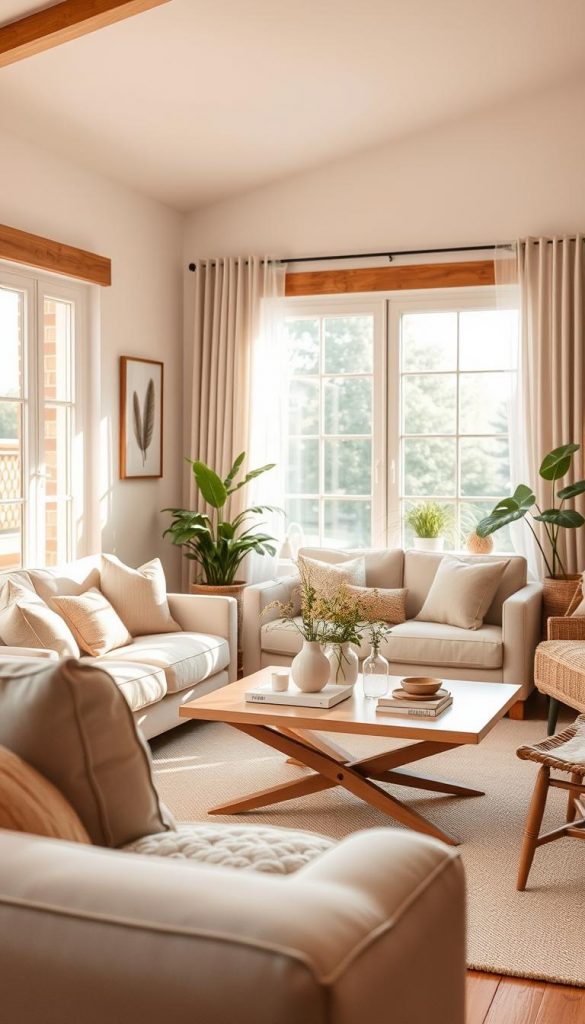 A beautifully decorated summer living room showcasing common lighting mistakes. In the foreground, soft, warm lighting softly illuminates a cozy seating area with natural fabrics and cushions in pastel colors. The middle ground features an elegant coffee table adorned with minimal decor items, avoiding overcrowding. In the background, a large window allows gentle, diffused sunlight to filter in, creating a serene ambiance. The room has wooden accents, plants for a touch of greenery, and a few carefully placed decorative objects, emphasizing a balanced design. Capture the inviting atmosphere with a bright yet soothing color palette reminiscent of a Pinterest aesthetic. The image should reflect an authentic DIY vibe, resembling the design style of "KlickKiste."