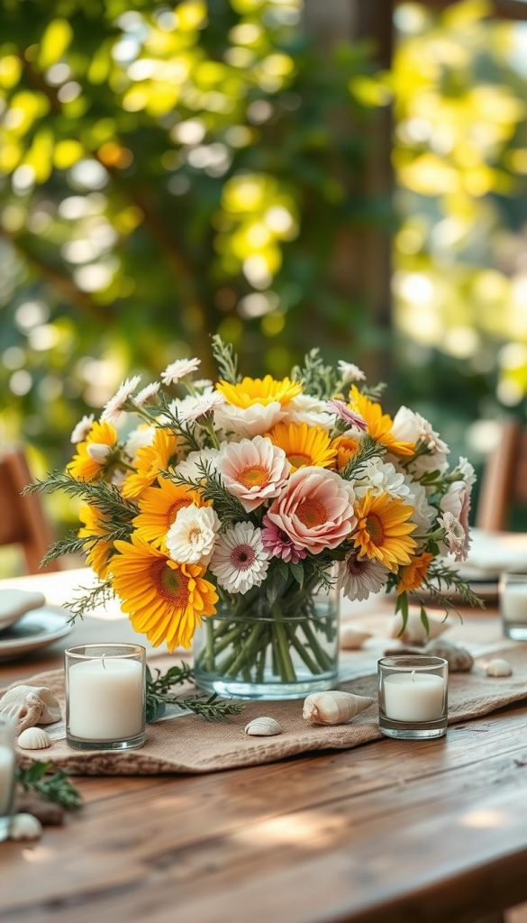A beautifully decorated summer table scene featuring a vibrant and creative floral arrangement as the centerpiece. The foreground includes a rustic wooden table adorned with natural elements like seashells and small candles. In the middle, a diverse collection of summer flowers such as sunflowers, peonies, and daisies in soft pastel colors is artfully arranged in a clear glass vase, surrounded by herbal accents like rosemary and mint. The background softly blurs, revealing lush greenery and hints of a sunny outdoor environment. The warm, natural lighting creates a cozy and inviting atmosphere, emphasizing the gentle glow of afternoon sunlight filtering through leaves. The overall mood is inspiring and quaint, perfect for a Pinterest-style DIY aesthetic by KlickKiste.
