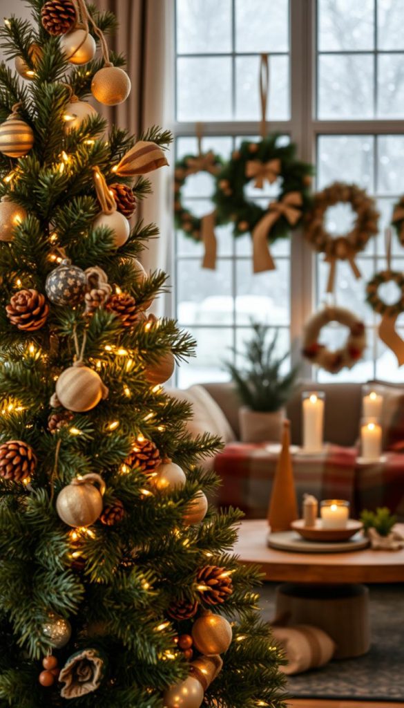 A beautifully decorated sustainable Christmas tree stands prominently in the foreground, adorned with handmade ornaments crafted from recycled materials such as pine cones and burlap. The tree features a natural, rustic look, draped with warm white fairy lights that glimmer softly. In the middle ground, a cozy living room setting reveals DIY decorations, like upcycled wreaths and festive table accents in warm earthy tones. The background showcases a window with a gentle snowfall outside, enhancing the wintery atmosphere. Soft, natural lighting creates a warm and inviting mood, while the lens captures the scene from a slightly elevated angle, giving it a welcoming and homely feel. This image embodies authentic and inspirational holiday decor, perfectly representing the theme of sustainable Christmas options by KlickKiste.